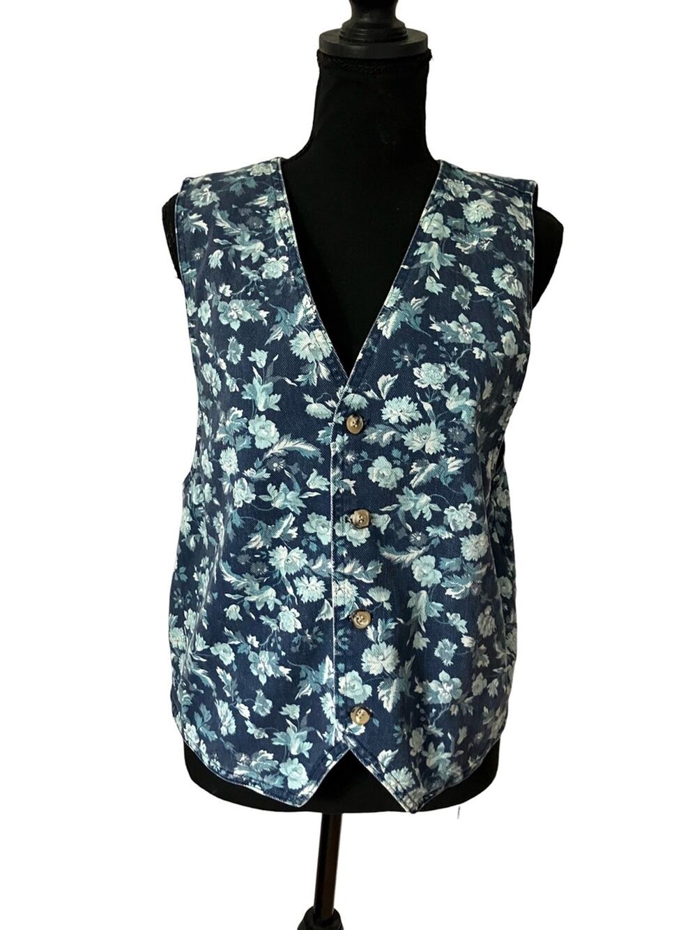 Women's Navy Floral Button Vest - Sleeveless Layering Piece M